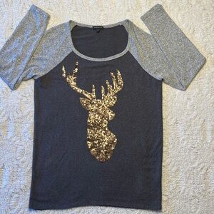 Mm mm mm Gray and Gold Sequin Reindeer Top great for the Holiday.